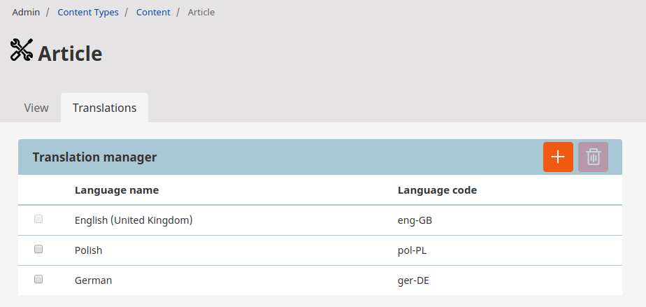Available translation of a content type Content type with existing translations