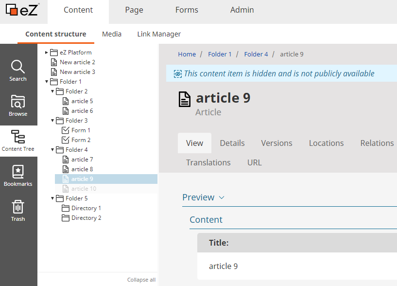 Content tree in the menu Content tree in the menu
